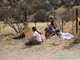 Shaun, Raquel, Cheetah and the dogs relaxing at the end of AZT Passage 5.
