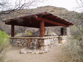 The ramadas we took shelter under at La Selvilla campground at Colossal Cave, Passage 8