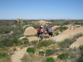 The group weaves through the bedrock outcrops.