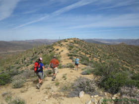 Raquel, Shaun, Jerry and Cheetah hiking a ridgeline on AZT Passage 15.
