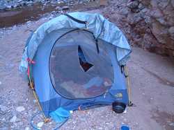 The hole in Jeff's tent made by the falling rock