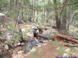 Shannon hops over the creek with the rest of the group up ahead.