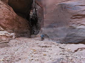 The mud line from the recent flood in Buckskin Gulch with Chuck for scale.