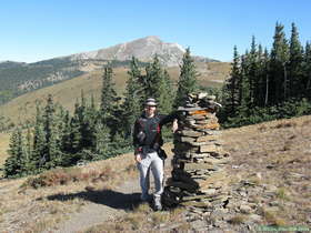 Brian and a monster cairn on the hike to the Truchas Peaks in the Sangre de Cristo Mountains