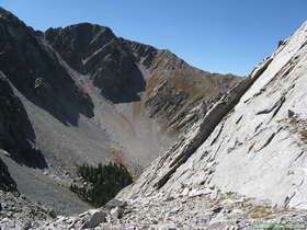At the saddle looking west at Middle Truchas Peak.  The slope at right is what we had to downclimb to get to the saddle.