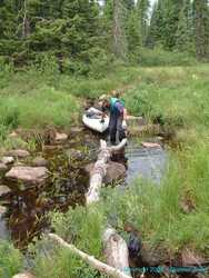 Brian 'float-drags' the yak through a short river portage.