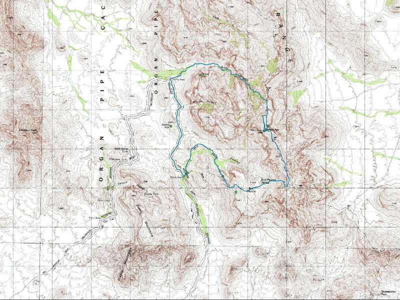 Here's the route we took.  It took us 4.5 hours (including a lunch stop) to hike the 6 miles up to the top of Mount Ajo via Bull Pasture.  It took us 6 hours to hike 3 plus miles down to the truck via Arch Canyon.  It's not often that going down is harder than going up!