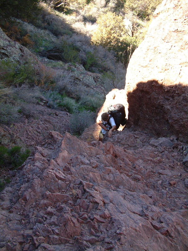 We should have taken it as a bad sign that we had to do some mountain climbing just to descend into Arch Canyon on the second day.  This was all off-trail hiking here.