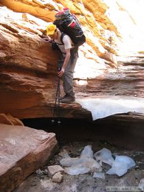 Steve descending the icy pour-off in Bullet Canyon. 