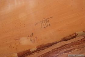 Pictographs high up on an overhang at Green Mask Spring in Sheiks Canyon.
