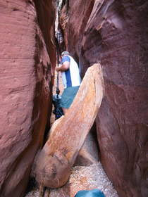 Chuck going over a large log jammed in the narrows of Wire Pass.