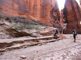 Chuck and Steve checking out a bench with flood debris on it in Buckskin Gulch.