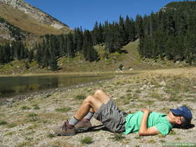 Steve trying to get that 'San Tropez tan' by the shore of Pecos Baldy Lake in the Sangre de Cristo Mountains.