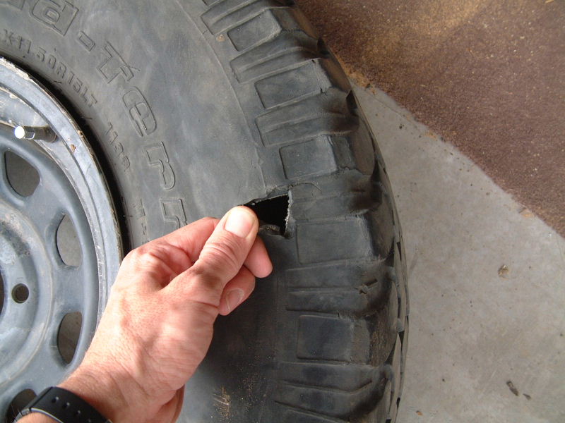 This is a picture of the huge hole I got in my side wall.  I kept hoping that I didn't put a hole in another tire the rest of the trip!